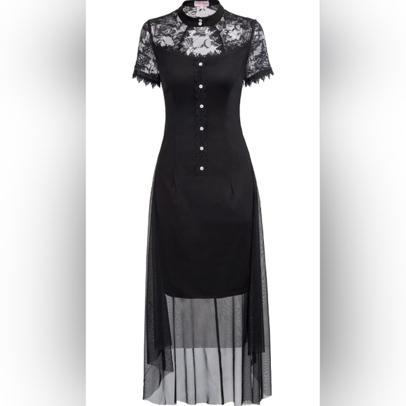 belle poque Dresses & Skirts - Belle Poque Dress Lace Overlay Black Midi High Low Hem M